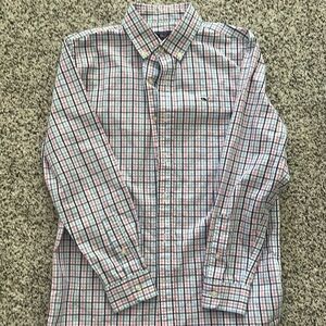 Vineyard Vine Boys button down. Pink, blue, navy and white plaid. Size M 10-12